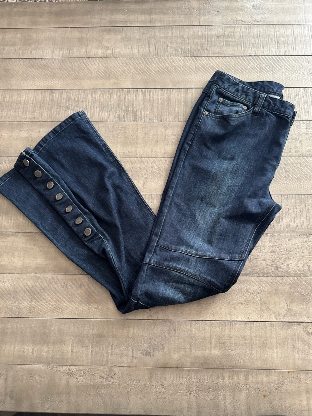Free People Dark Blue Button-Hem Flare Jeans